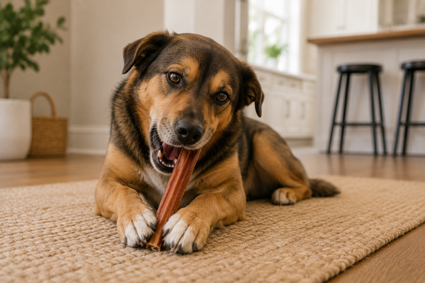 Dog lying on a rug indoors chewing on a bully stick with a wooden floor and plant in the background