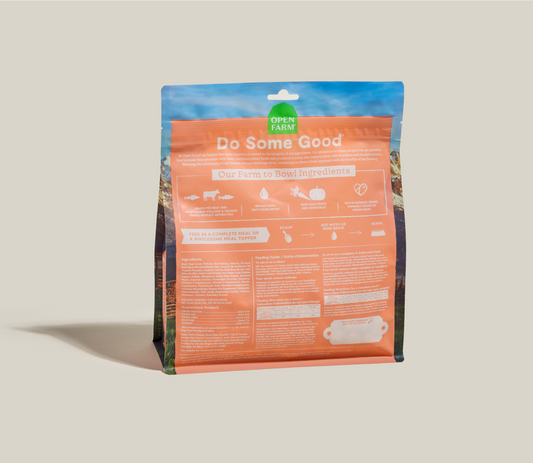 Dog food package with 'Do Some Good' label on a beige background