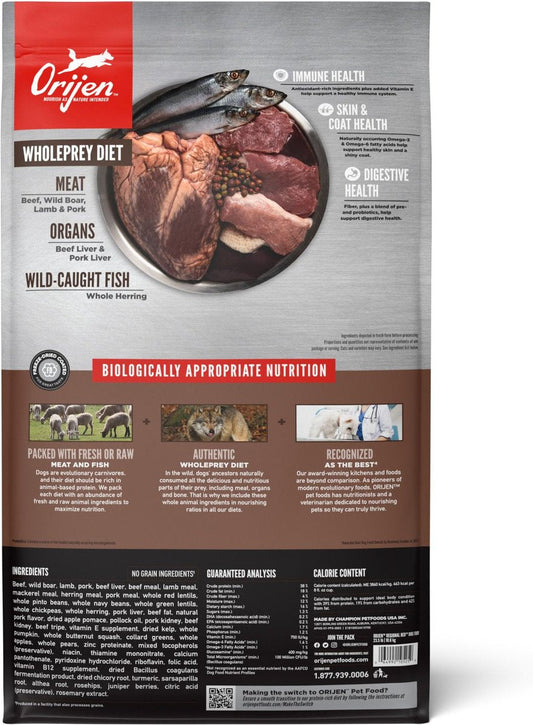 Orijen pet food package with ingredients and nutritional information on a white background