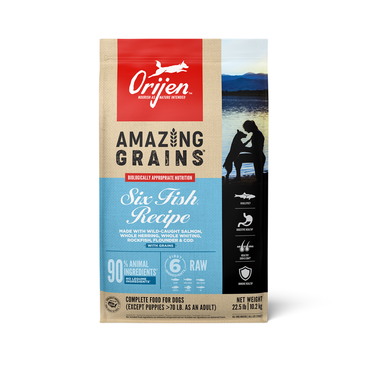 Orijen dog food package with 'Amazing Grains' and 'Six Fish Recipe' text on a white background