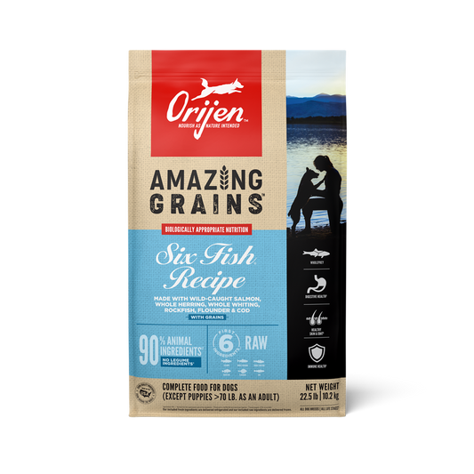 Orijen dog food package with 'Amazing Grains' and 'Six Fish Recipe' text on a white background