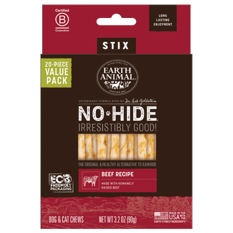 Earth Animal Stix No Hide Beef Recipe dog and cat chews packaging on a white background
