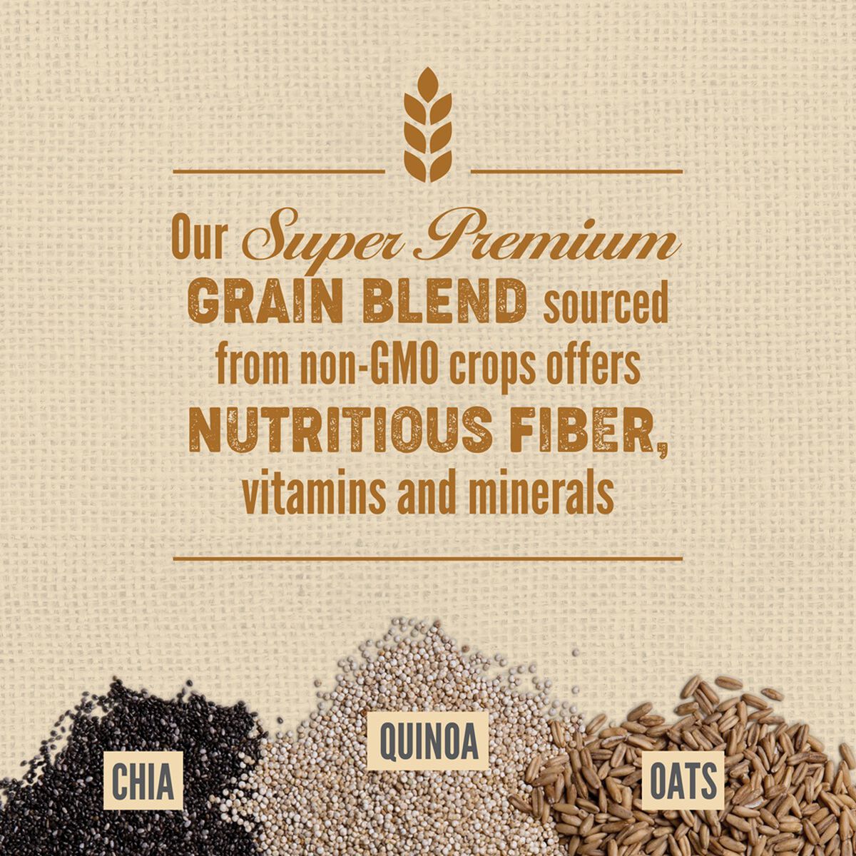 Super premium grain blend with chia, quinoa, and oats on a beige background