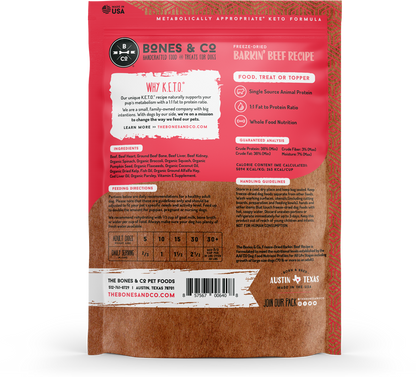 Bones & Co pet food package with red and brown design on a white background
