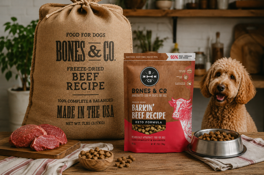 Bones & Co. dog food packaging with a dog and ingredients on a table
