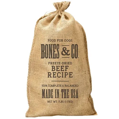Burlap bag with 'Bones & Co' text on a white background