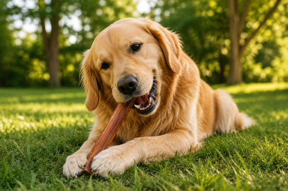 Golden retriever lying on grass chewing on a bully stick