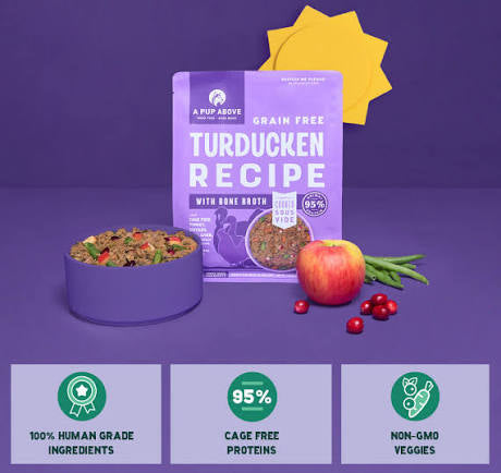 Dog food package with a bowl of food, apple, and green beans on a purple background