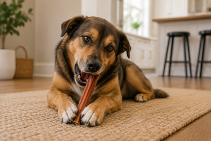 Dog lying on a rug indoors chewing on a bully stick with a wooden floor and plant in the background