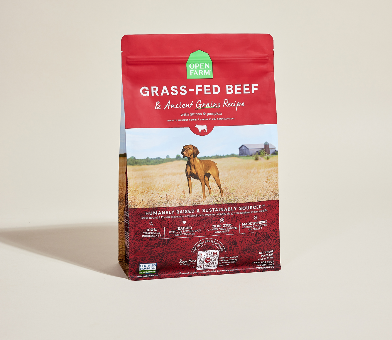 Dog food package with 'Grass-Fed Beef & Ancient Grains Recipe' on a beige background