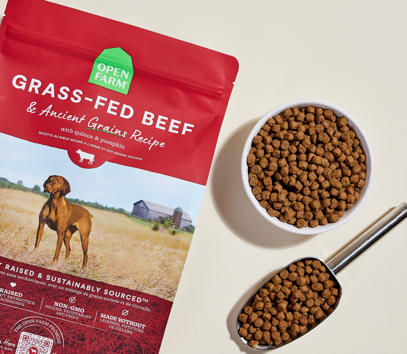 Open Farm grass-fed beef and ancient grains dog food package with a bowl and scoop of dog food on a beige background.
