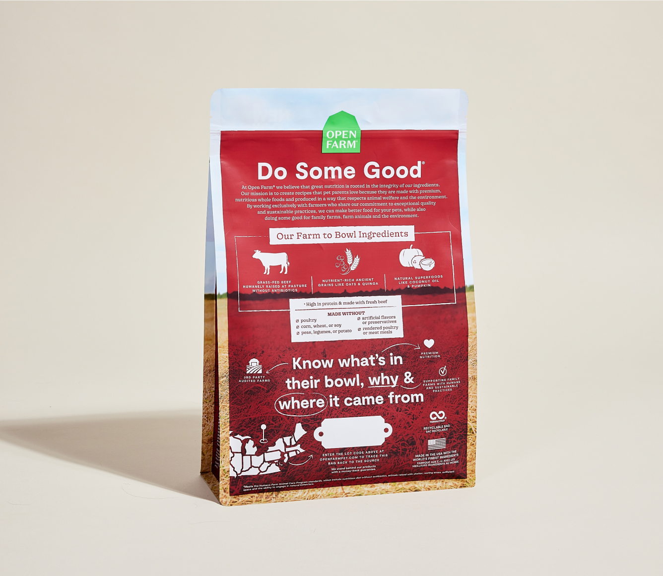 Red pet food package with text on a beige background