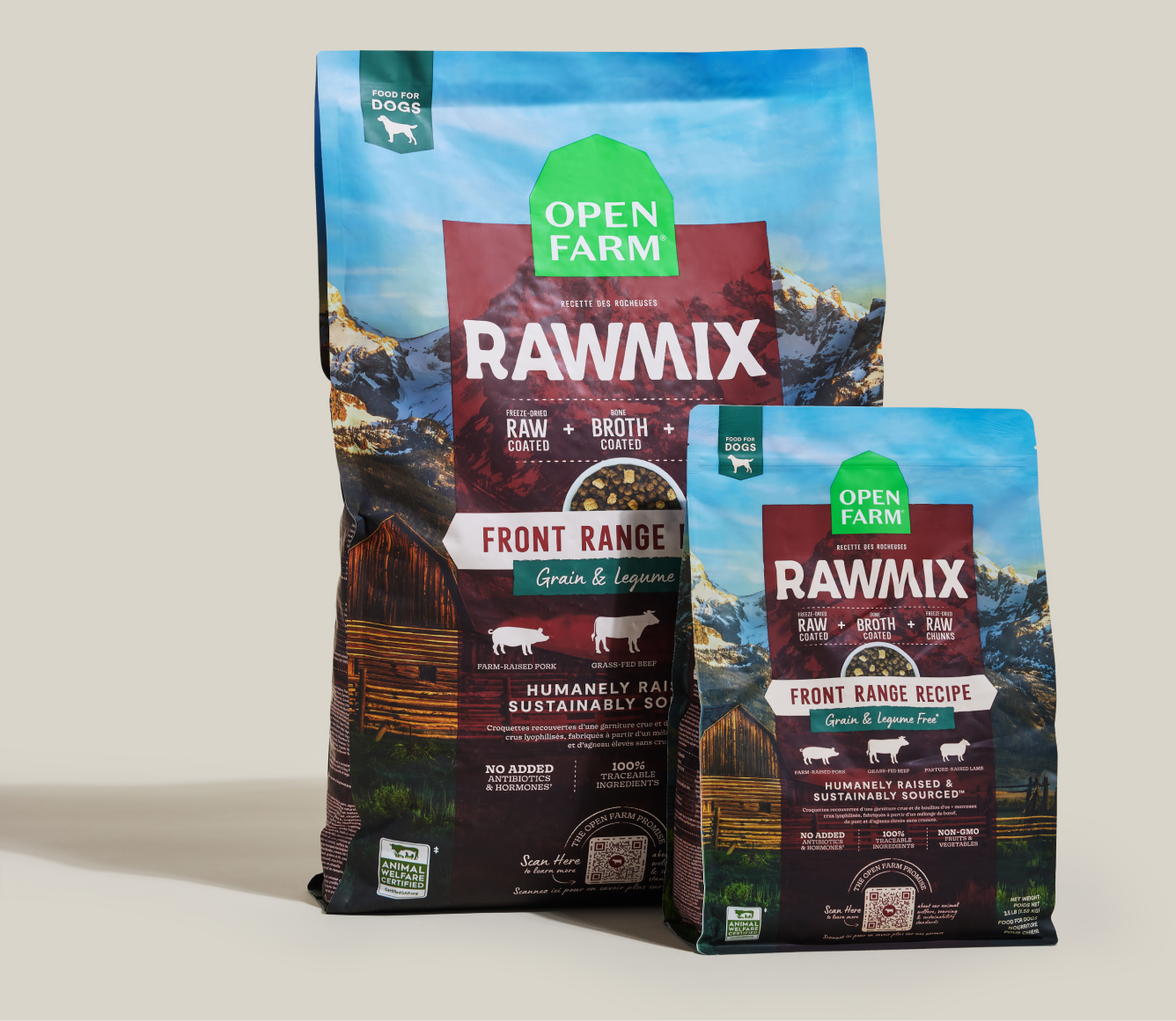 Two packages of Open Farm Rawmix Front Range dog food on a light gray background