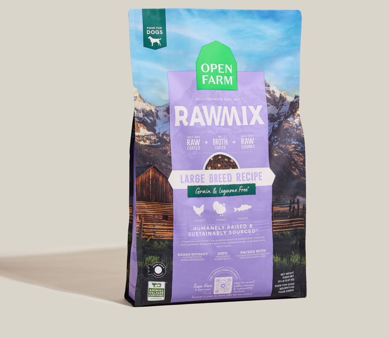 Open Farm Rawmix pet food package with scenic design on a beige background