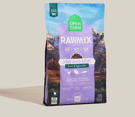 Open Farm Rawmix pet food package with scenic design on a beige background