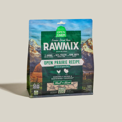Open Farm Rawmix Open Prairie Recipe package on a beige background