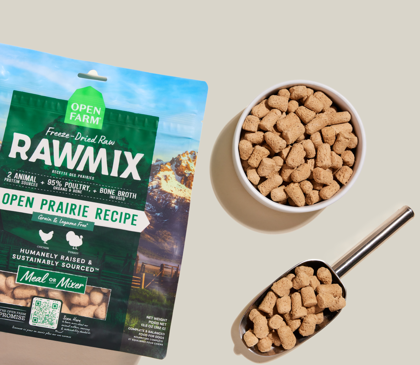 Open Farm Rawmix pet food package with a bowl and scoop of pet food on a light background