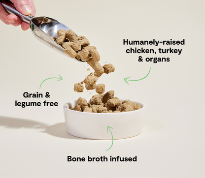 Dog food being scooped into a bowl with text highlighting ingredients on a beige background