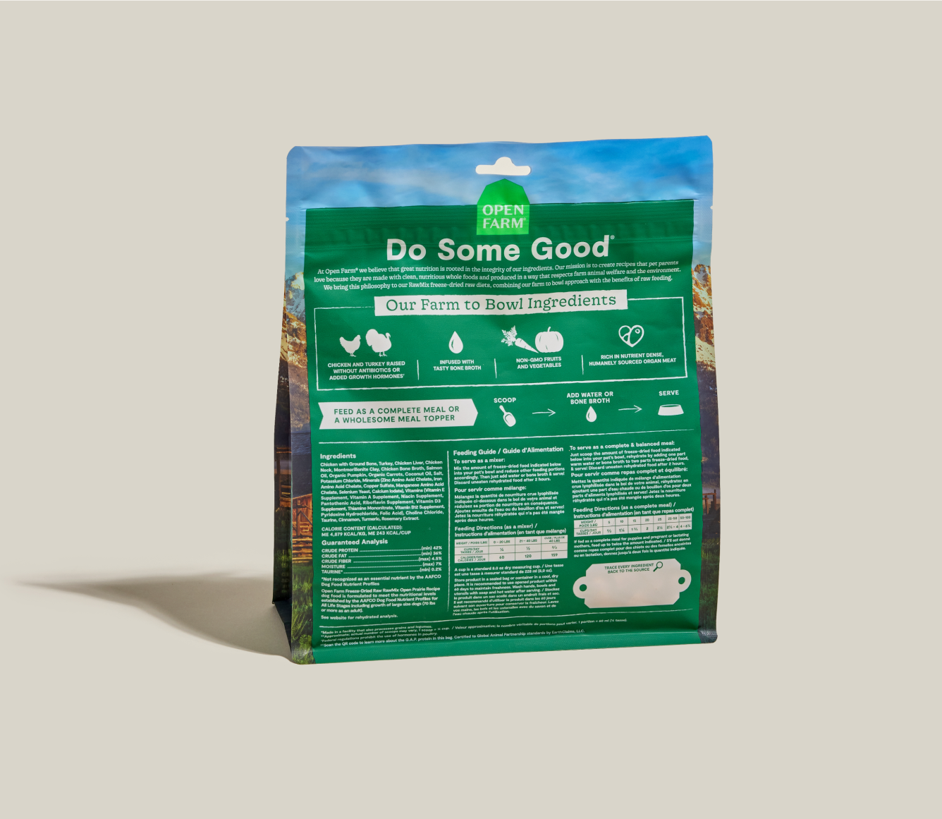 Dog food package with green label on a beige background