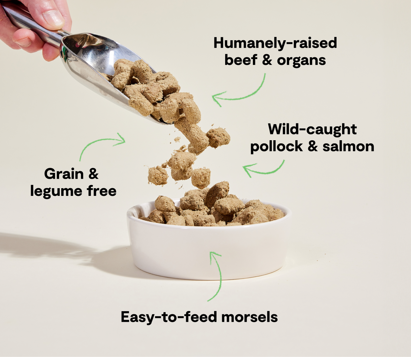 Dog food being scooped into a bowl with text highlighting ingredients