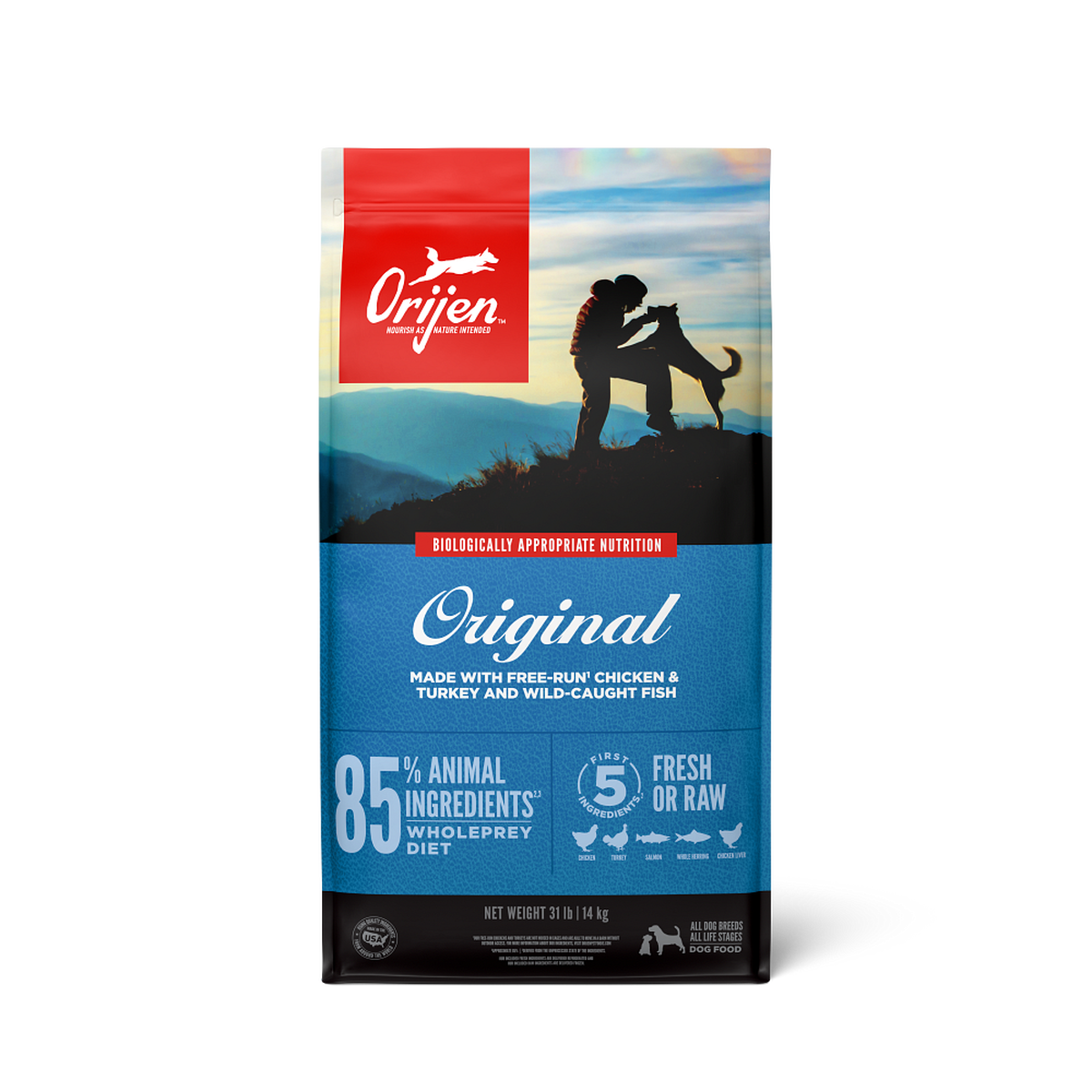 Orijen dog food package with a scenic design on a white background
