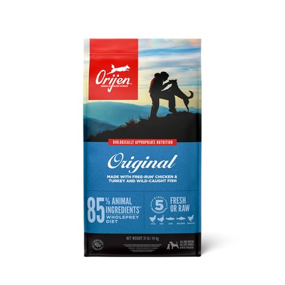 Orijen dog food package with a scenic design on a white background