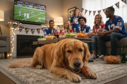 a cute big dog enjoying a pig snout while a Super Bowl party is happening in background