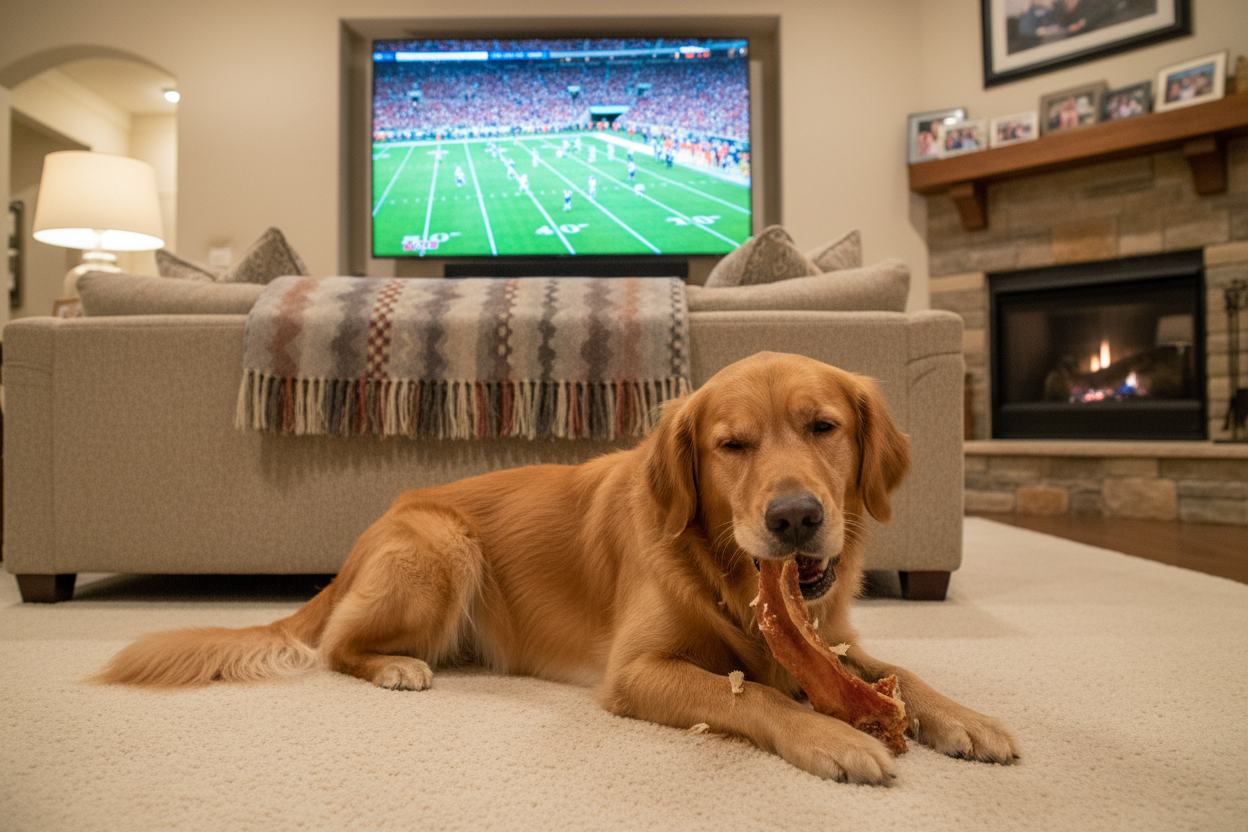 a dog enjoying a pig ear while a football game is on tv in background