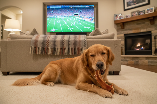 a dog enjoying a pig ear while a football game is on tv in background