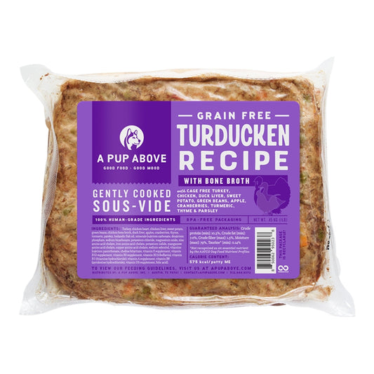 Package of 'A Pup Above' grain-free turducken recipe dog food with a purple label.