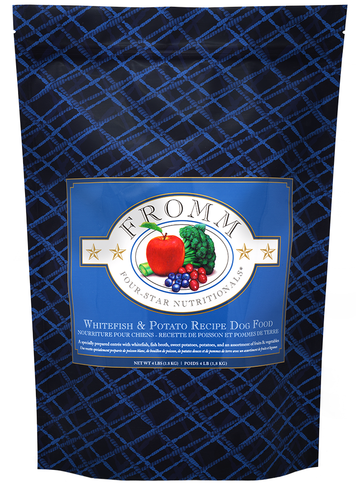 Dog food package with 'Fromm' label on a blue checkered background