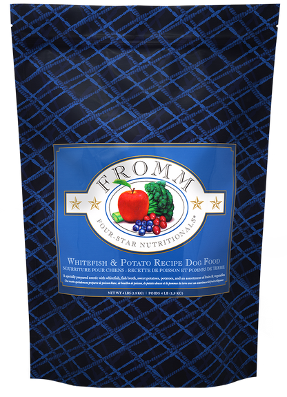 Dog food package with 'Fromm' label on a blue checkered background