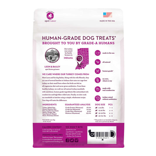 Back of a dog treat package with branding and product details on a white background
