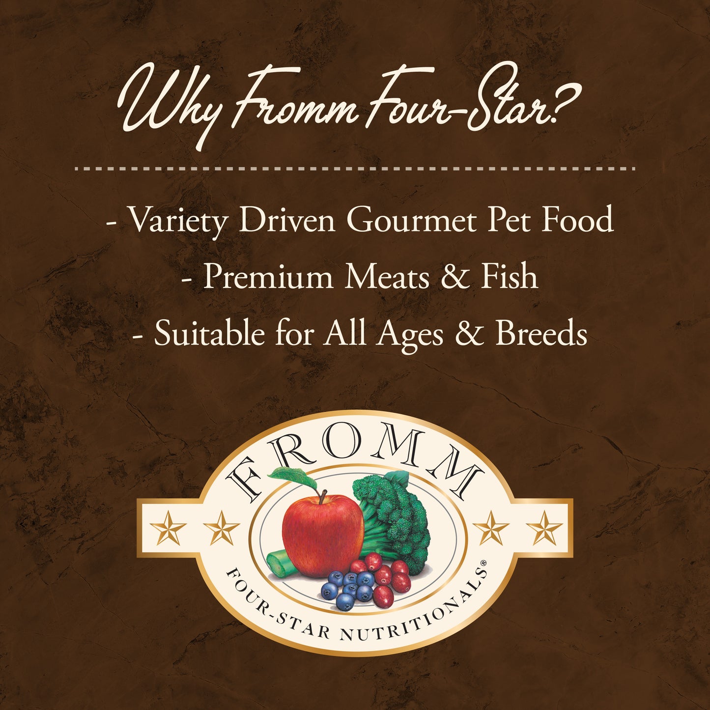 Promotional graphic for Fromm Four-Star pet food with text and logo on a brown background