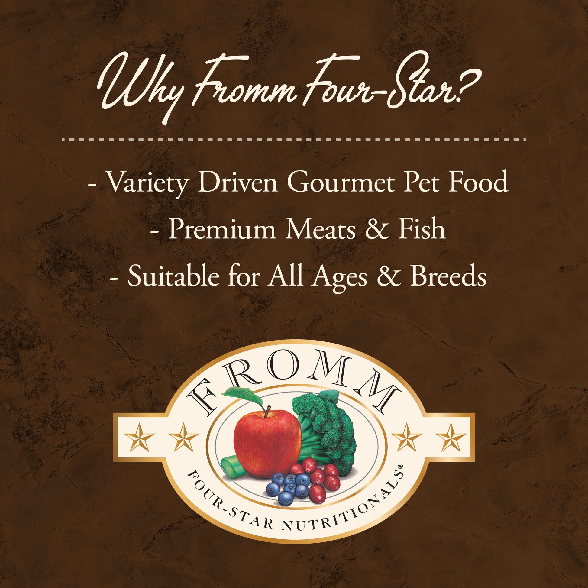 Promotional graphic for Fromm Four-Star pet food with text and logo on a brown background