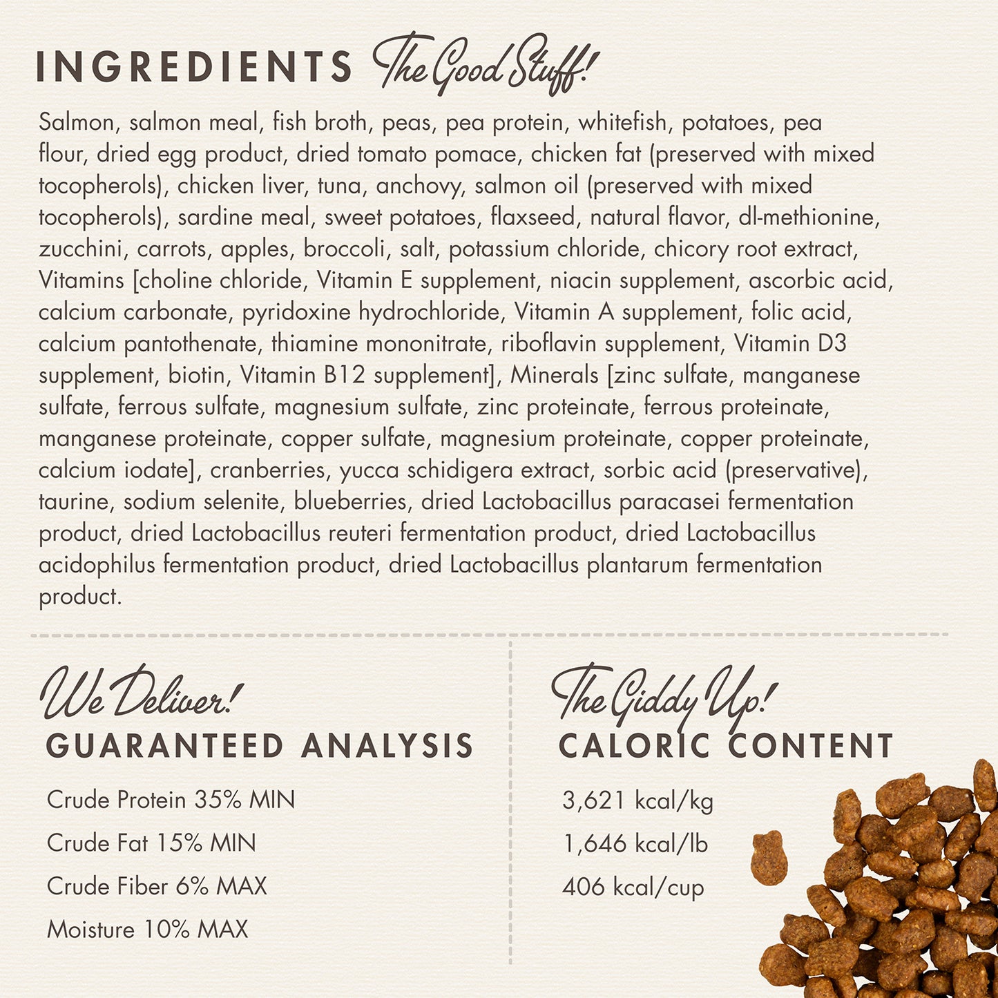 Dog food ingredient list and nutritional information on a white background with small pile of dog food.