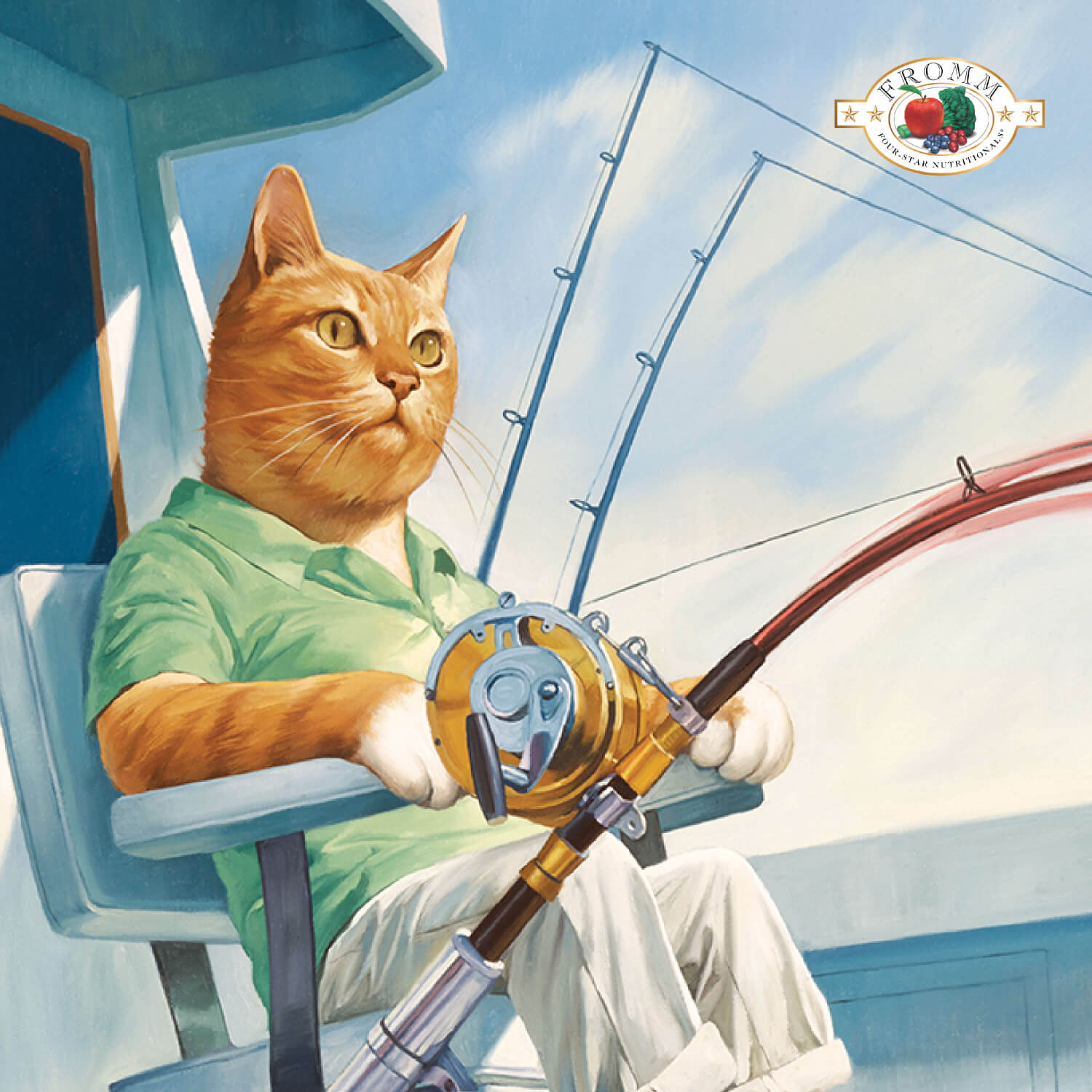 Cat in a green shirt holding a fishing rod on a boat, with a brand logo in the corner.